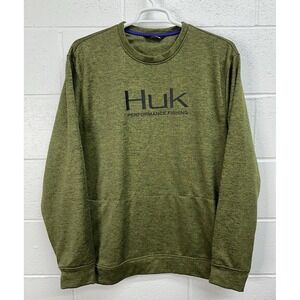 Huk Fishing Performance Men's 2XL Fleece Crew Sweatshirt Front Zip Pockets Green